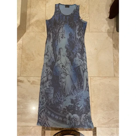 Vintage 90s 2000s y2k INC maxi blue toile renaissance print mesh dress - Picture 2 of 5